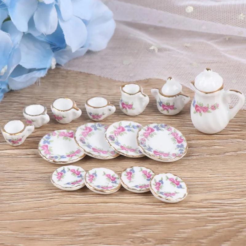 8Pcs 1:12 Dollhouse Miniature Dining Ware Porcelain Tea Set Dish Cup Plate