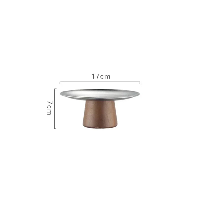 Stainless Steel Tray Fruit Bowl with Wooden Base Partitioned Candy Bread Cake Dessert Table Plates Kitchen Dinnerware Tableware
