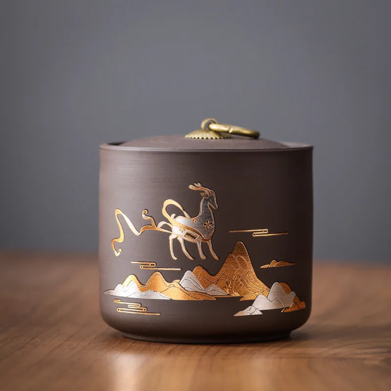 Ceramic Purple Clay Jar Black Tea Tin Pu'er Storage Sealed Jars Household Moisture-Proof Sealed Jar Nut Food Storage Container