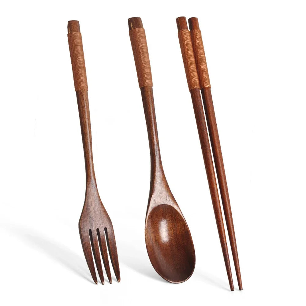 3 Pieces Tableware Natural Wood Dinnerware Spoon Chopsticks Fork Dinner Portable Tableware Grain Household Kitchen Cutlery Set