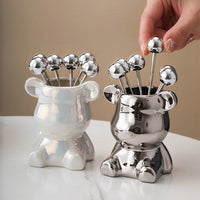 6pcs Stainless Steel Dessert Forks With Storage Jar Bear Fruit Fork Set Cute Bear Tableware For Party Tasting Dessert Pickle Sal