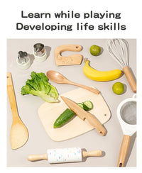 Wooden Kids Safe Knife and Kids Baking Set for Real Cooking,Kids Kitchen Toy Montessori Education Tools Gifts For Boys Girls