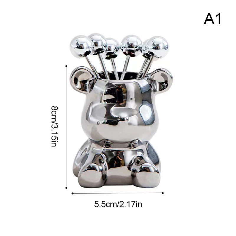 6pcs Stainless Steel Dessert Forks With Storage Jar Bear Fruit Fork Set Cute Bear Tableware For Party Tasting Dessert Pickle Sal