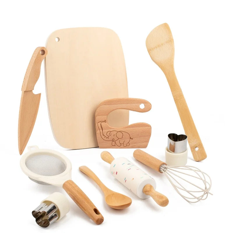 Wooden Kids Safe Knife and Kids Baking Set for Real Cooking,Kids Kitchen Toy Montessori Education Tools Gifts For Boys Girls