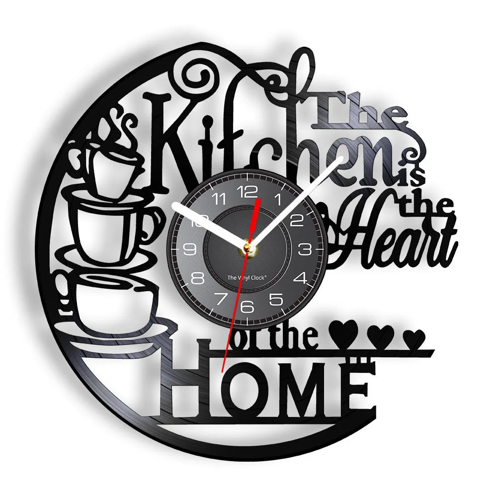 The Kitchen Is The Heart Of The Home Kitchen Vinyl Record Wall Clock Cooking Utensils Tableware For Dinning Room New Home Decor