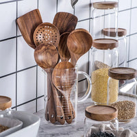 Thailand Teak Natural Wood Tableware Spoon Ladle Turner Long Rice Colander Soup Skimmer Cooking Spoons Scoop Kitchen Tool Set