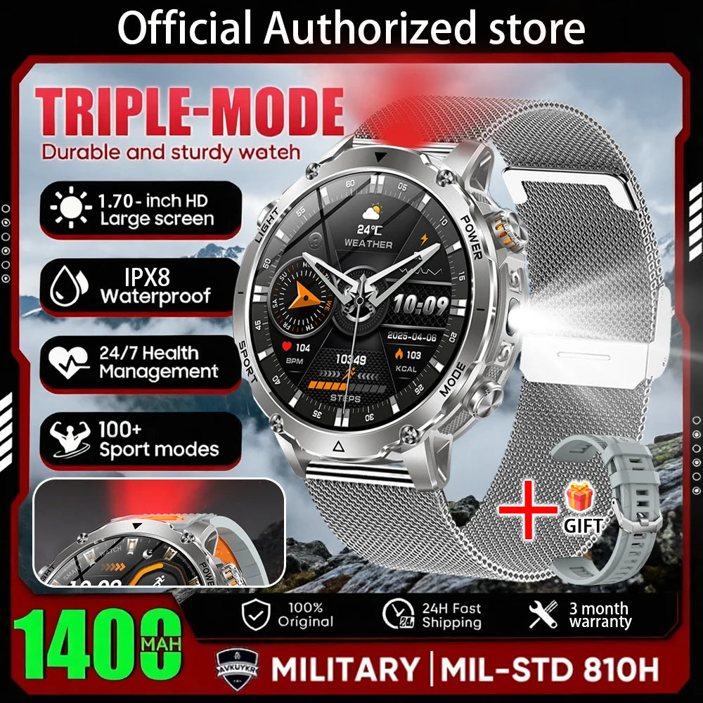 Newly Durable 1400mAh Large Battery Smart Watch Men 1.7" HD Screen IP68K Waterproof LED Flashlight Sports BT Call Smart Bracele