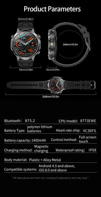 Newly Durable 1400mAh Large Battery Smart Watch Men 1.7" HD Screen IP68K Waterproof LED Flashlight Sports BT Call Smart Bracele