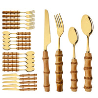 24Pcs Tableware Sets Stainless Steel Bamboo Cutlery SetPurely Natural Bamboo Handle Flatware Set Dinnerware Steak Knife Cutlery