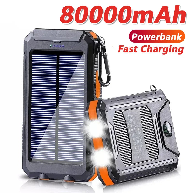 New Solar Power Bank 100000mAh Portable Charging Poverbank External Battery Charger Strong Light LDE Light for All Smartphones