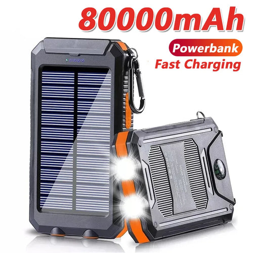 New Solar Power Bank 100000mAh Portable Charging Poverbank External Battery Charger Strong Light LDE Light for All Smartphones