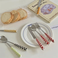 3pcs/set Stainless Steel Knife Fork Spoon Checkerboard Ceramic Handle Cutlery Set Western Tableware Dessert Fork Knife Spoon