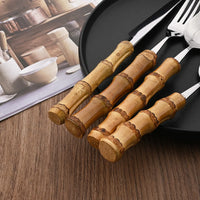 24Pcs Tableware Sets Stainless Steel Bamboo Cutlery SetPurely Natural Bamboo Handle Flatware Set Dinnerware Steak Knife Cutlery