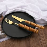 24Pcs Tableware Sets Stainless Steel Bamboo Cutlery SetPurely Natural Bamboo Handle Flatware Set Dinnerware Steak Knife Cutlery