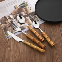 24Pcs Tableware Sets Stainless Steel Bamboo Cutlery SetPurely Natural Bamboo Handle Flatware Set Dinnerware Steak Knife Cutlery