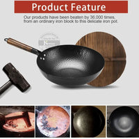 Konco Iron Wok Cast Iron Pan Non-Coated Pot General Use for Gas and Induction Cooker 32cm Chinese Wok Cookware Pan Kitchen Tools