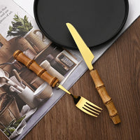 24Pcs Tableware Sets Stainless Steel Bamboo Cutlery SetPurely Natural Bamboo Handle Flatware Set Dinnerware Steak Knife Cutlery
