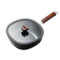 Cookware Refined Iron Square Frying Pan No Coating Flat Bottomed Stir Fry Pot with Visible Cover Wood Handle Wok Restaurant
