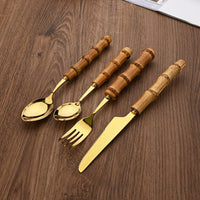 24Pcs Tableware Sets Stainless Steel Bamboo Cutlery SetPurely Natural Bamboo Handle Flatware Set Dinnerware Steak Knife Cutlery