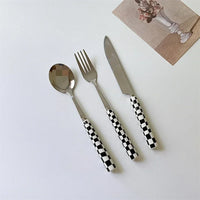 3pcs/set Stainless Steel Knife Fork Spoon Checkerboard Ceramic Handle Cutlery Set Western Tableware Dessert Fork Knife Spoon
