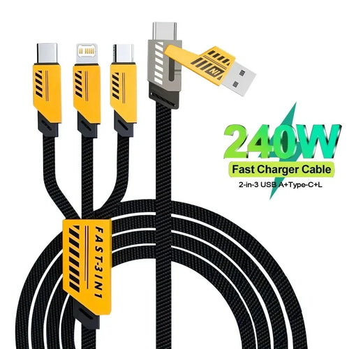 240W Multi Charging Cable 1.2m 3 In 2 Port Fast Charge Cord Compatible Type-C Micro USB Mobile Phones
