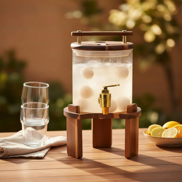 Beverage Dispenser Glass Drink Dispenser W Support Faucet Cold Drink Jar Wooden Stand Serving Ware Easy to Clean Party Equipment
