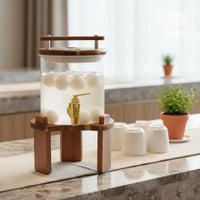 Beverage Dispenser Glass Drink Dispenser W Support Faucet Cold Drink Jar Wooden Stand Serving Ware Easy to Clean Party Equipment