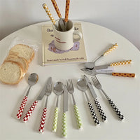 3pcs/set Stainless Steel Knife Fork Spoon Checkerboard Ceramic Handle Cutlery Set Western Tableware Dessert Fork Knife Spoon