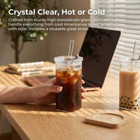 4Pcs Square Glass Cups Set 13oz Coffee Mugs With Lids Straws BPA Free With Cleaning Brush For Home Office School Outdoor Wedding Gift Drinkware