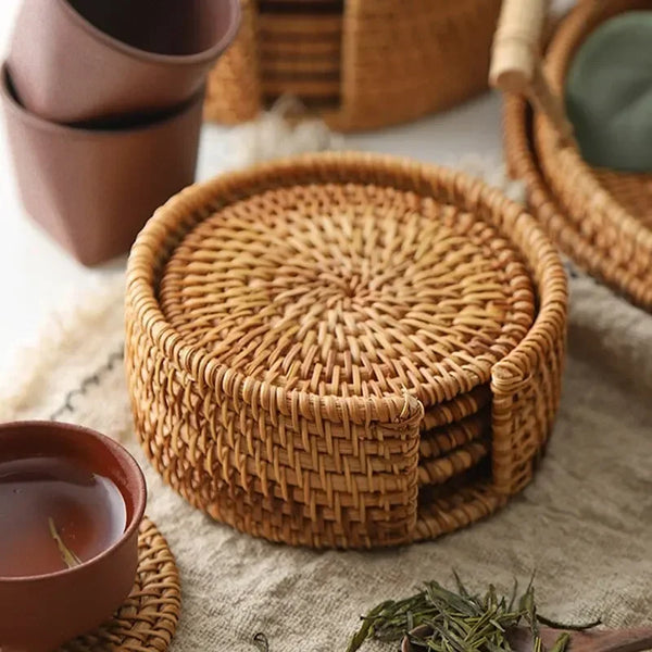8-10cm Rattan Cup Mat 6Pcs Drink Coasters Set for Kungfu Tea Accessories Round Tableware Placemat Dish Mat Rattan Weave Cup Mat