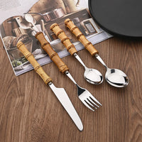 24Pcs Tableware Sets Stainless Steel Bamboo Cutlery SetPurely Natural Bamboo Handle Flatware Set Dinnerware Steak Knife Cutlery