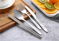 7pcs/ Set Stainless Steel Tableware Set Outdoor Portable Cloth Bag Knife Fork Spoon Chopsticks Straw Rich Flowers Seven Sets