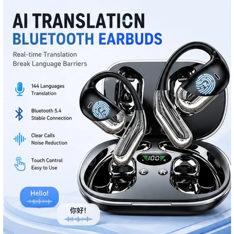 144 Languages AI Translation Earbuds,Bluetooth 5.4 Headphones Translator,Smart Mode Touch Screen Real-Time Earphones Fit Work