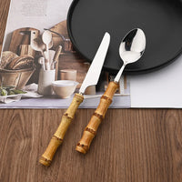24Pcs Tableware Sets Stainless Steel Bamboo Cutlery SetPurely Natural Bamboo Handle Flatware Set Dinnerware Steak Knife Cutlery