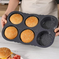 Silicone Hamburger Baking Mold - Food Grade Non-Stick Bun Cake Pan for Home Kitchen BPA Free Bread Bakeware, Reusable Oven Safe