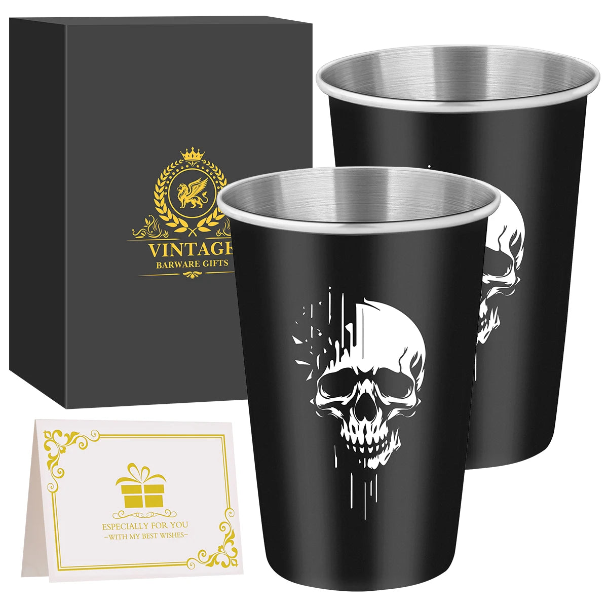 LKKCHER 500ml Pint Glass Skull Pattern 3.25oz Weizen Glass 2pcs/Set Stainless Steel Large Capacity Drinkware for Beer Gifts Set