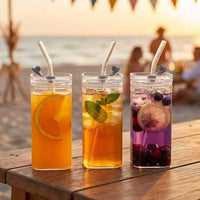 4Pcs Square Glass Cups Set 13oz Coffee Mugs With Lids Straws BPA Free With Cleaning Brush For Home Office School Outdoor Wedding Gift Drinkware