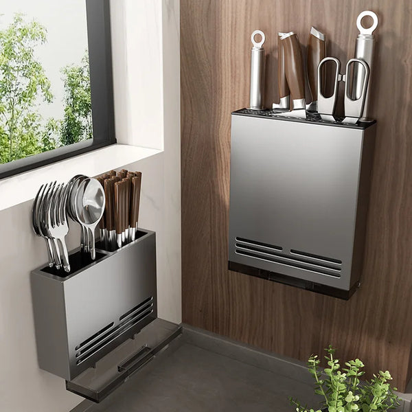 Wall Mount Kitchen Knife Holder Carbon Steel No Drill Space Saver Heavy Duty Multifunctional Household Kitchen Tidy Organizer
