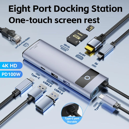 8-in-1 USB C Hub Adapter 4K HDMI PD100W USB 3.0 Gigabit Ethernet Line For Meetings Presentations for MacBook iPad Laptops