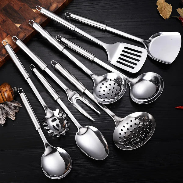 9-Piece Stainless Steel Kitchen Utensil Set, Multi-Purpose Cooking Tools, Including Turner Spatula, Ladle, Slotted Turner
