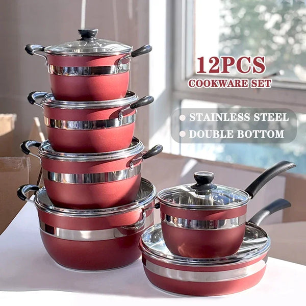 Stainless Steel 12pcs Cookware Set Thickened Double Bottom Polished Stock Pots Pans Casseroles - Wholesale Kitchenware