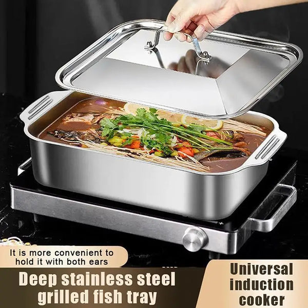 Deep Dish Stainless Steel Cookware, Covered Baking Tray with Lid, Heat-resistant Oven Safe Pot for Grilling & Daily Cooking