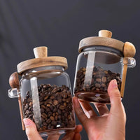 Glass Food Storage Containers with Wooden Lids and Scoop Glass Sealed Jar Airtight Food Storage Jar for Sugar Coffee Bean Candy