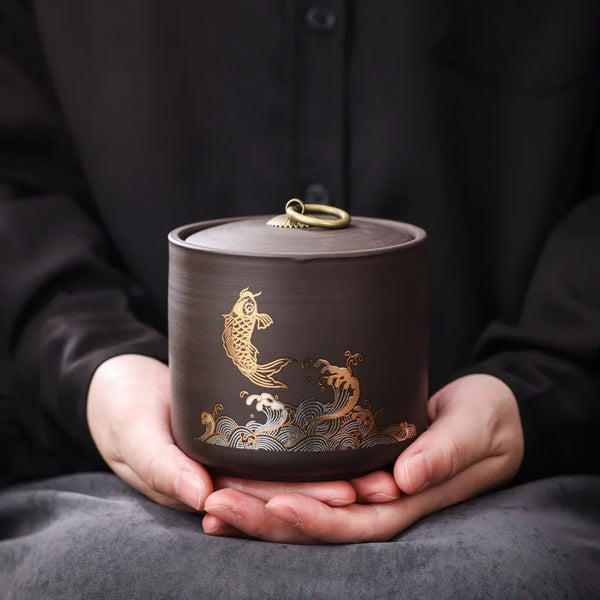 Ceramic Purple Clay Jar Black Tea Tin Pu'er Storage Sealed Jars Household Moisture-Proof Sealed Jar Nut Food Storage Container