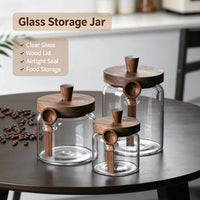 Glass Food Storage Containers with Wooden Lids and Scoop Glass Sealed Jar Airtight Food Storage Jar for Sugar Coffee Bean Candy