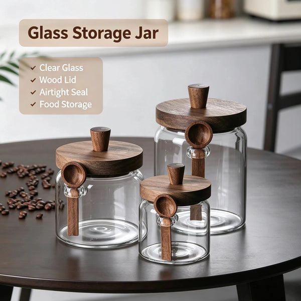 Glass Food Storage Containers with Wooden Lids and Scoop Glass Sealed Jar Airtight Food Storage Jar for Sugar Coffee Bean Candy