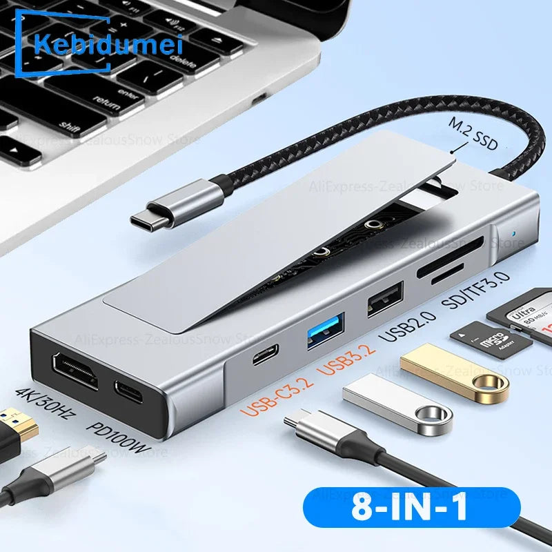 8-in-1 USB 3.2 Hub With Disk Storage Function Multi Adapter Card Reader Type C to HDMI-Compatible Splitter For Laptops Macbook