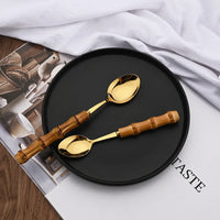 24Pcs Tableware Sets Stainless Steel Bamboo Cutlery SetPurely Natural Bamboo Handle Flatware Set Dinnerware Steak Knife Cutlery