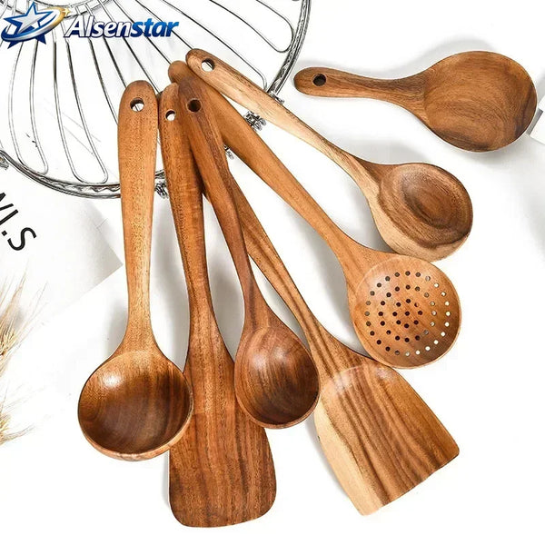 Kitchen set tools, Thai teak, natural wood cutlery spoon, rice strainer spoon, spoon, cooking spoon