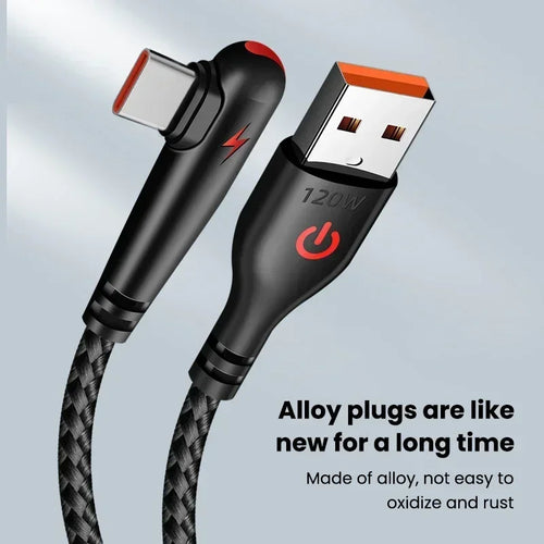 120W 90 Degree Quick Charging Data Wire Charger Cable USB C Cable Fast Charging Cord for Electronic General Smart Devices